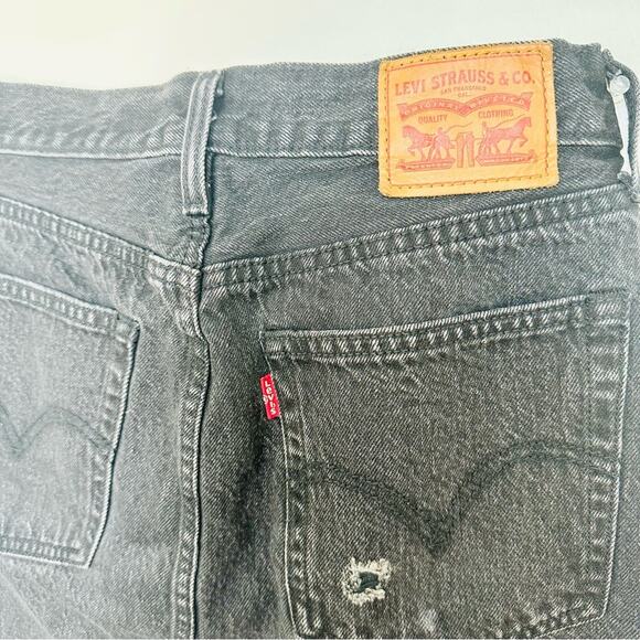 LEVIS REVOLVE Black Distressed Raw Hem Button Fly Pockets ALine Mini Skirt 26 - Picture 10 of 15